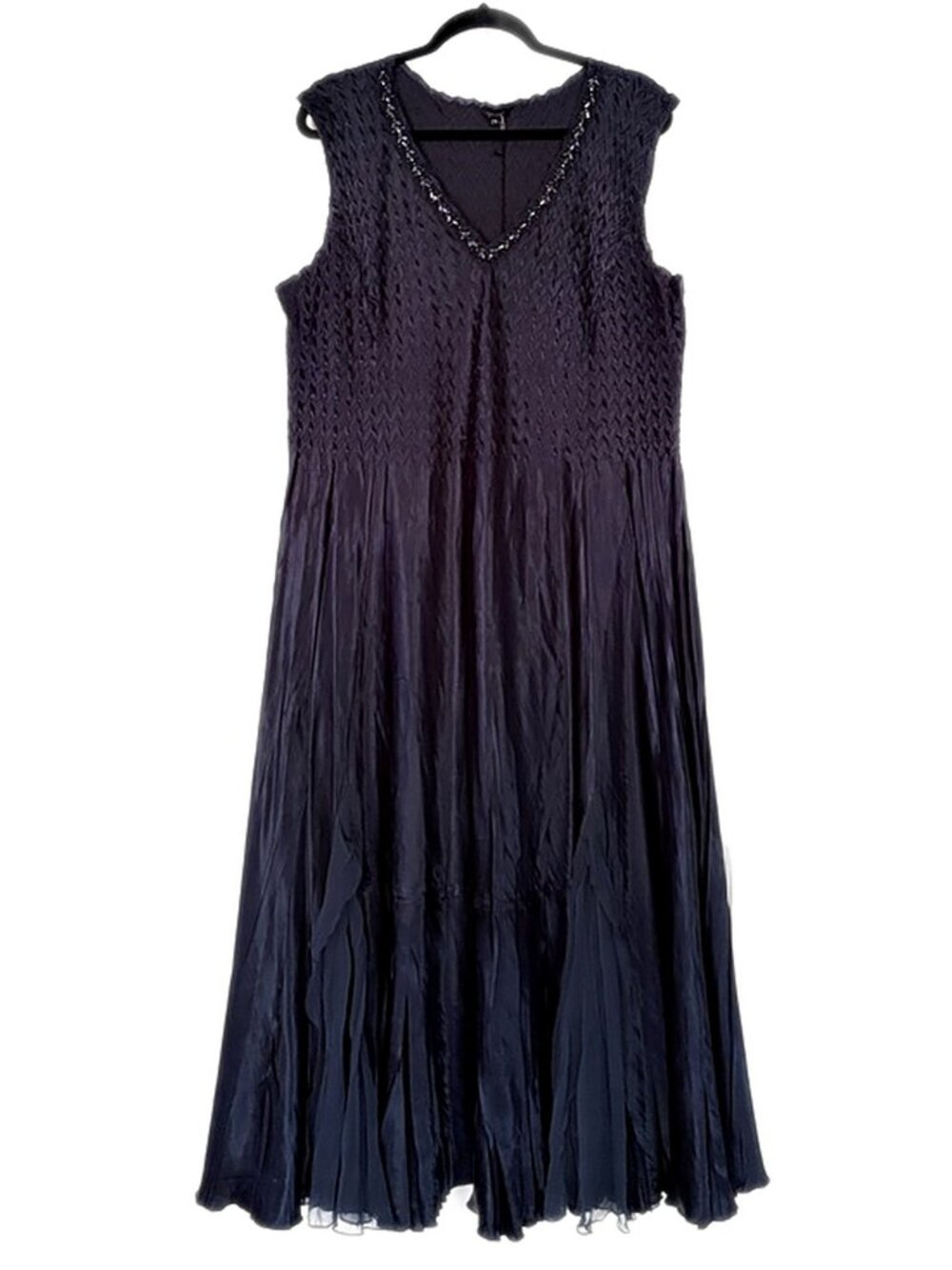 Komarov Maxi Dress Satin Chiffon Dress Midnight Blue Beaded V-Neck Sleeveless 2X